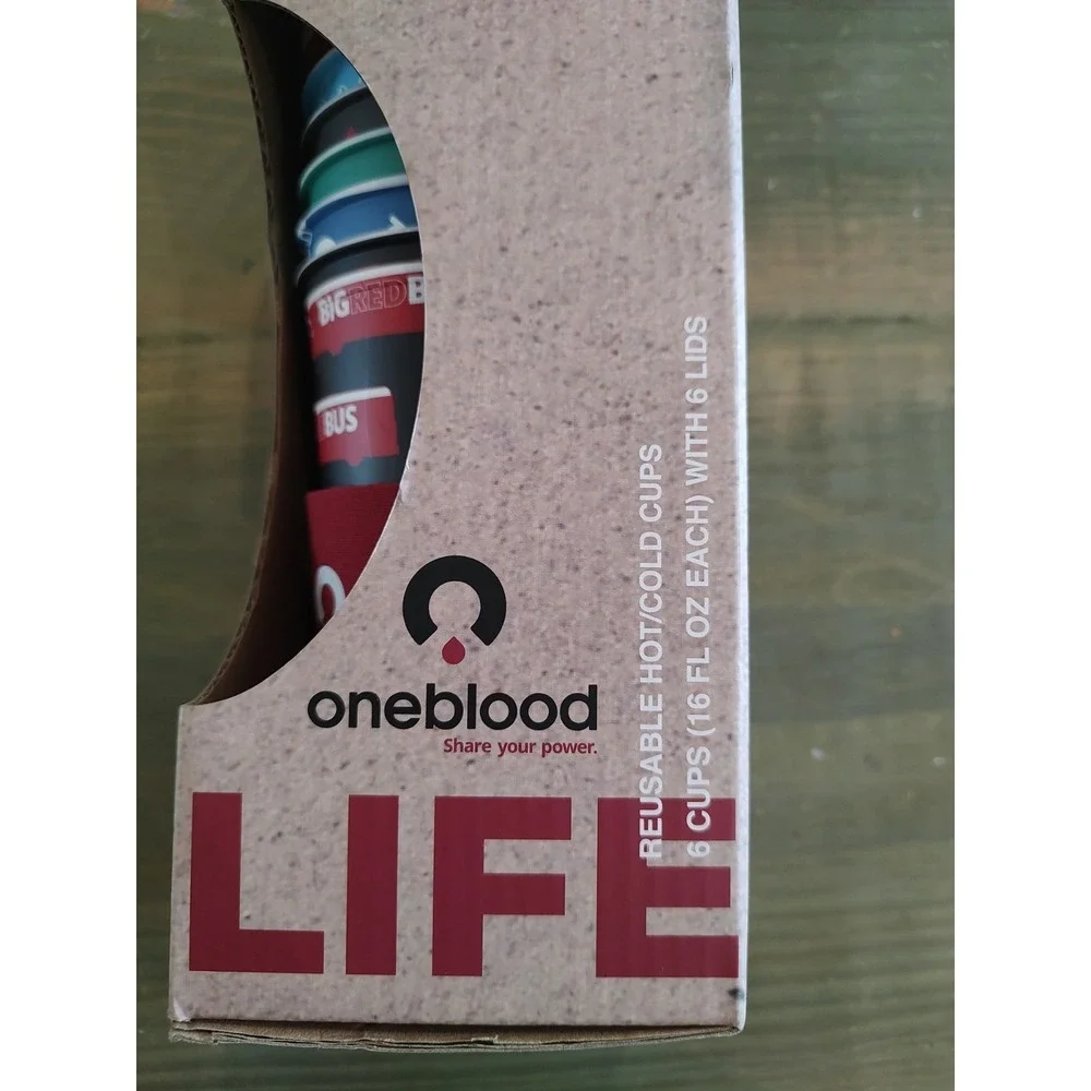 Oneblood Six Reusable Hot cold Cups Lids 16oz Coozie Big Red Bus Blood‎ Donor